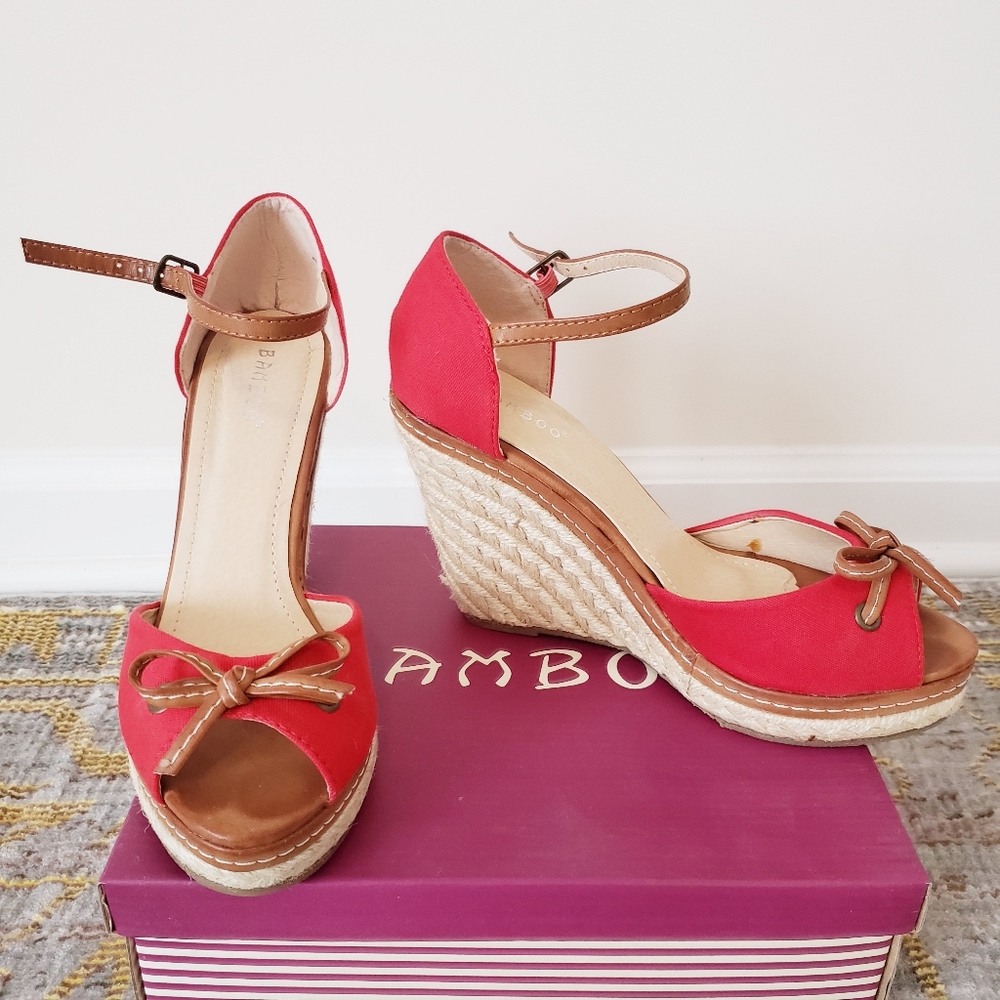 Bamboo Red Espadrille Wedge Sandals | Ankle Strap | Size 7.5